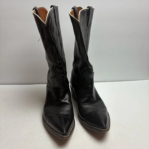 Justin Black Leather Cowboy Boots Embroidered Pointy Toe Snip Mens size 7.5 D